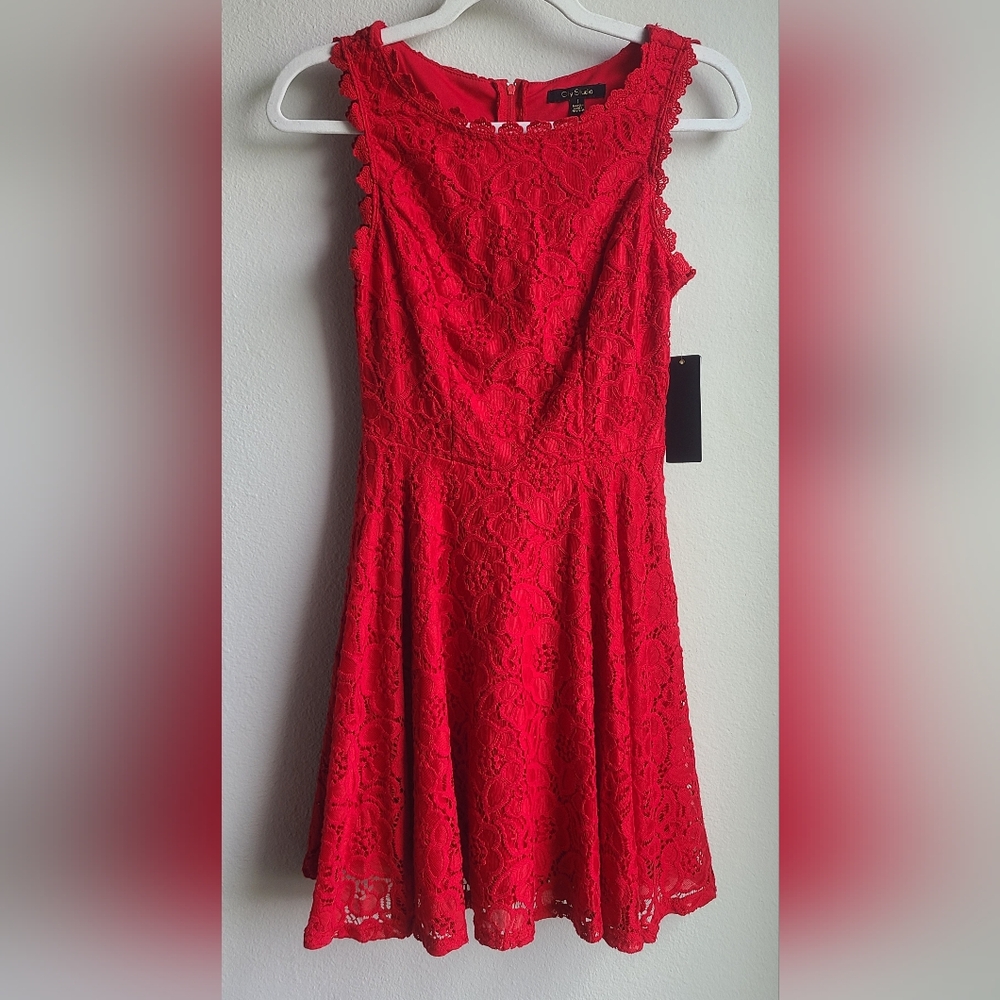 NWT City Studio - Juniors' Red Lace Fit & Flare Dress, Sz 1